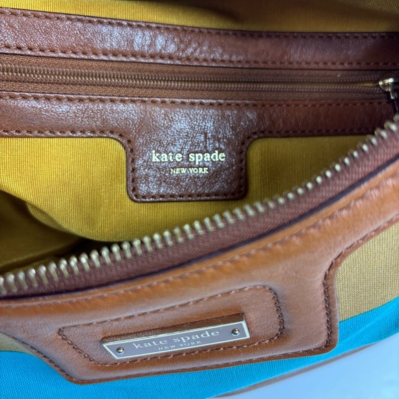 Kate Spade Retro Stripe Yellow Teal Spring Nautical Coastal Beach Hobo Handbag - Picture 14 of 16